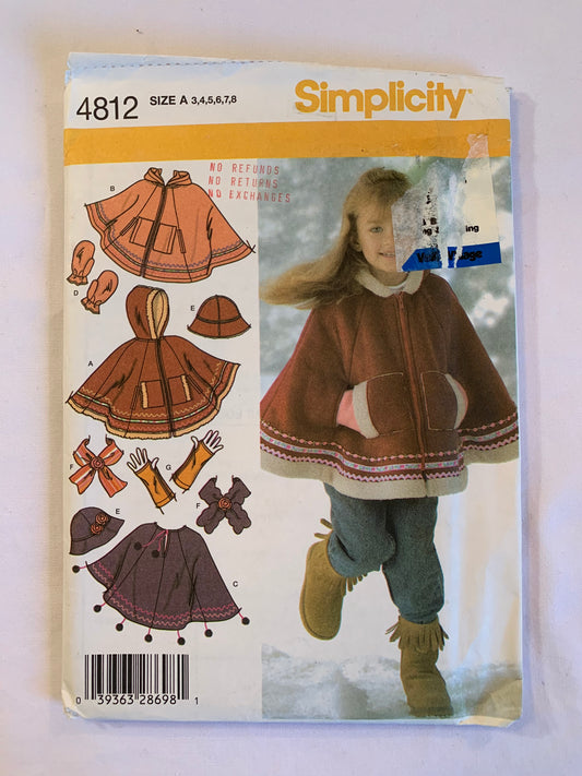 Simplicity Sewing Pattern 4812 Girls' Poncho, Pullover, Hood, 3 Variations, Mittens 3 Sizes, Hat, Scarf, Arm Warmers, Size 3-8, Uncut, 2004