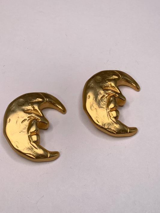 Vintage 2 Half Moon Faces Novelty Metal Buttons, Shank, Gold, 2.8 cm, New/Old Stock