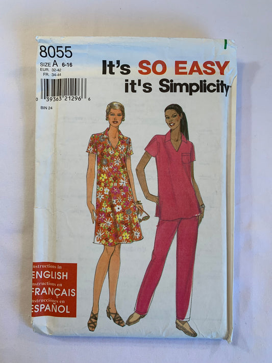 Simplicity Sewing Pattern 8055 Misses' Dress, Top, Pants, Short Sleeves, Elastic Waist, Pullover, Pockets, Size 6-16, Uncut, Vintage 1988