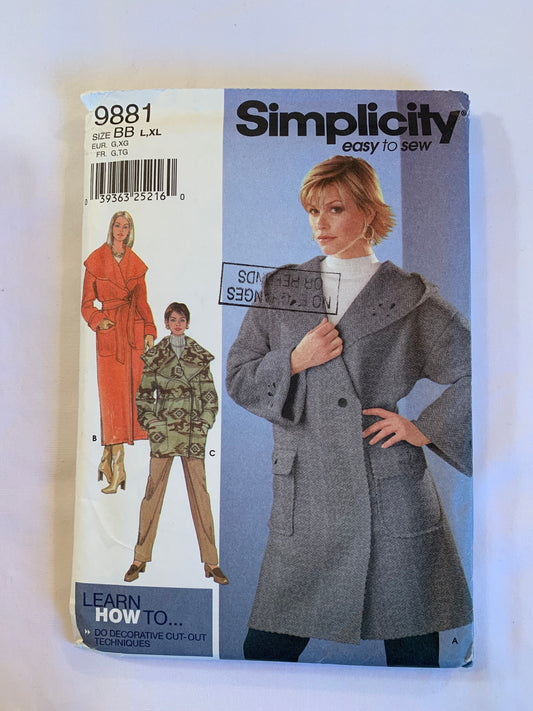 Simplicity Sewing Pattern 9881 Misses' Jacket,Wrap Coat, Two Lengths, Long Sleeves, Tie Belt, Button Front, Pockets, Shawl Collar, Size 18-24, Uncut, 2001