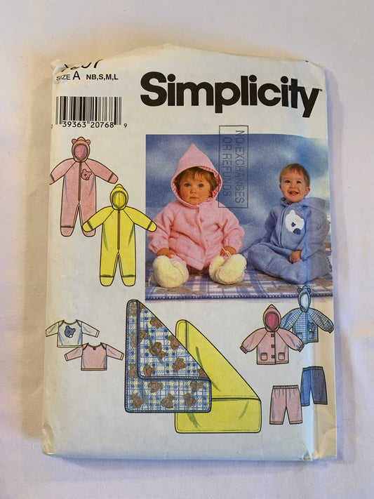 Simplicity Sewing Pattern 7807 Babies, Romper, Jacket, Pants, Blanket, Knit Top, Long Raglan Sleeves, Zipper Front, Mittens, Bootees, Hood, Size 7-24 Lbs, Uncut, Vintage 1997