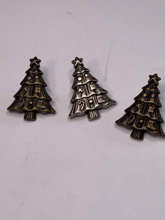 Vintage 3 Metal Buttons, Shank, Silver Trees, 2.2 cm, New/Old Stock