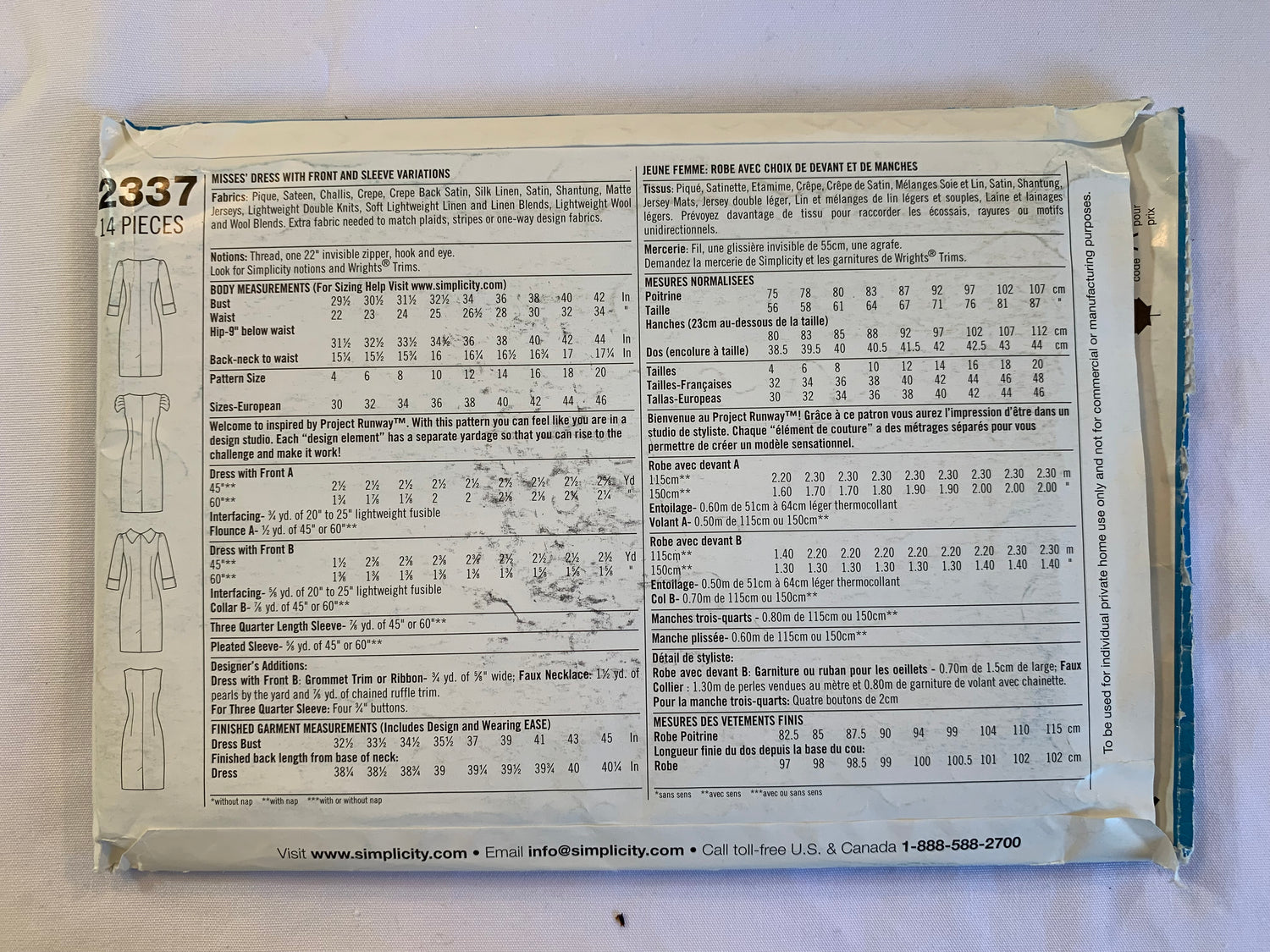 Simplicity Project Runway Sewing Pattern 2337 Misses' Dress, Long/Short Sleeves, Zipper Back, Sleeveless, Princess Seams, Size 4-12, Uncut, 2010
