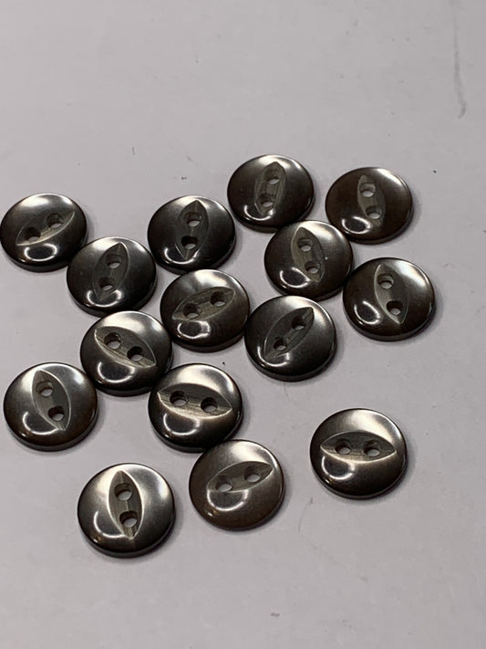 Vintage 15 Round Plastic Buttons, Two Holes, Grey, 1.0 cm, New/Old Stock