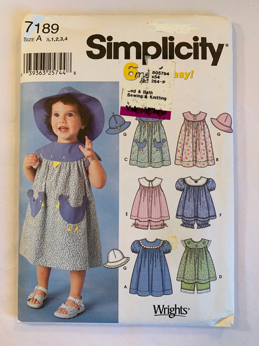 Simplicity Sewing Pattern 7189 Toddlers' Dress, Elastic Waist, Zipper Back, Top, Short Sleeves, Sleeveless, Panties, Hat in Three Sizes Size 1/2-4, Uncut, 2002