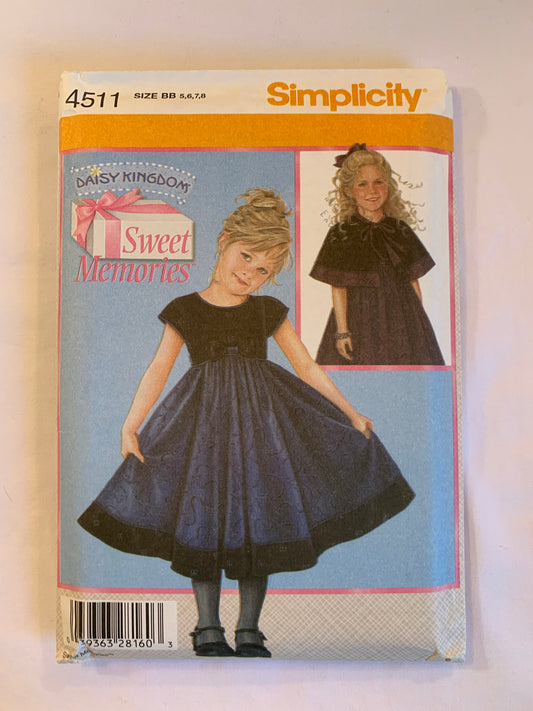 Simplicity Daisy Kingdom Sewing Pattern 4511 Girls' Dress, Capelet, Short Sleeves, Zipper Back, Tie Ends, Size 5-8, Uncut, 2005