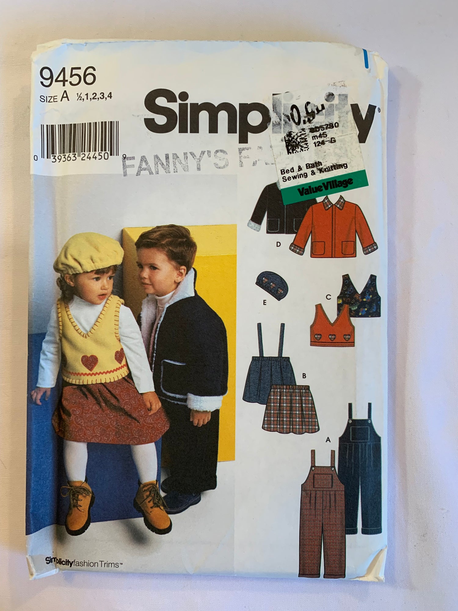 Simplicity Sewing Pattern 9456 Toddlers'/Boys/Girls Overall, Skirt, Vest, Jacket, Hat, Zipper Front, Shoulder Straps, Pocket, Pleats, Size 1/2-4, Uncut, 2000