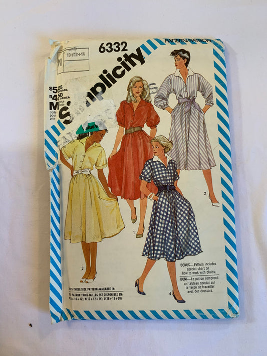 Simplicity Sewing Pattern 6332 Misses' Pullover Dress, Flared, Gathered Waist, Long/Short Kimono Sleeves, Pockets, Button Front, Tie Belt, Size 10-14, Uncut, Vintage 1984