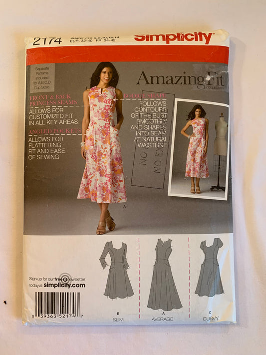 Simplicity Sewing Pattern 2174 Misses'/Misses' Petite Dress, Two Lengths, Long/Short Sleeves, Sleeveless, Zipper Back, Full Skirt, Princess Seams, Pockets, Size 6-142, Uncut, 2011