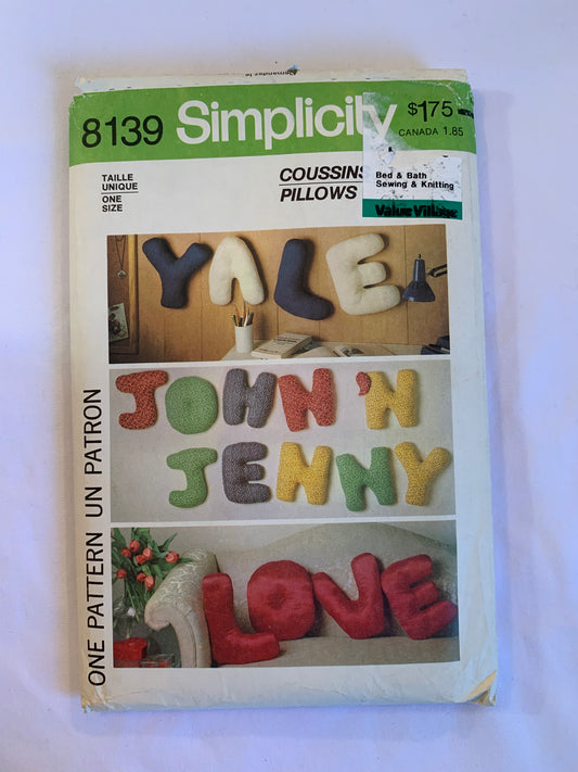 Simplicity Sewing Pattern 8139 Home Decor Pillow Essentials, Alphabet, One Size, Uncut, Vintage 1977