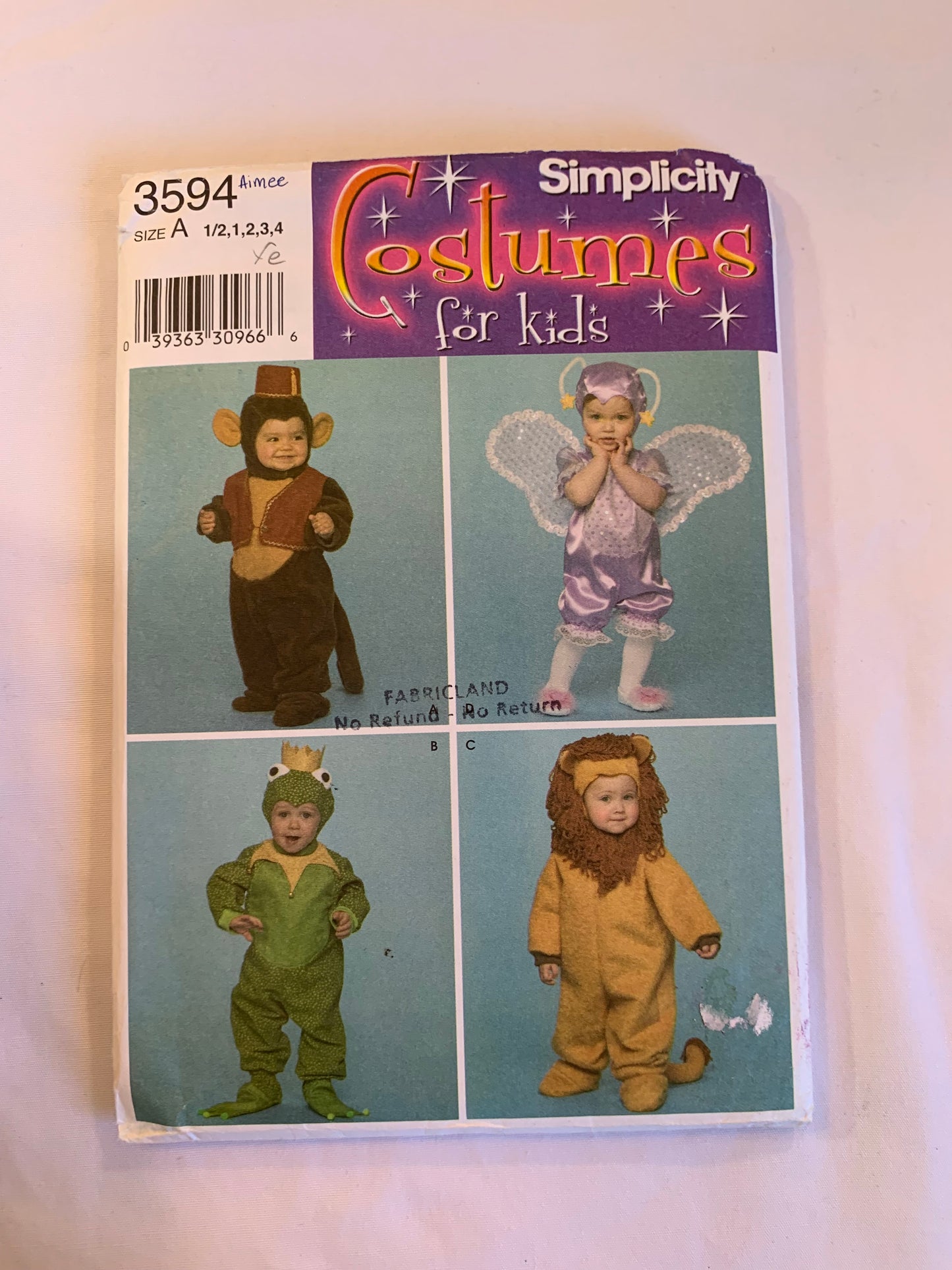 Simplicity Sewing Pattern 3594 Toddlers/Girls'/Boy's, Costumes, Halloween, Monkey, Frog, Lion Angel, Jumpsuits, Dress-Up, Size 1/2-4, Uncut, 2007