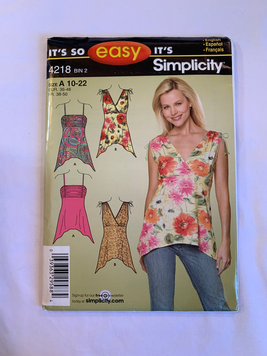 Simplicity Sewing Pattern 4218 Misses' Knit Top, Shoulder Straps, 2 Variations, Halter Top, Size 10-22, Uncut, 2007