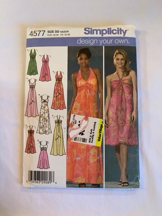 Simplicity Sewing Pattern 4577 Misses' Evening Dresses, Two Lengths, Zipper Back, Flared, Halter Top, Spaghetti Straps, Size 4-10, Uncut, Vintage 1994