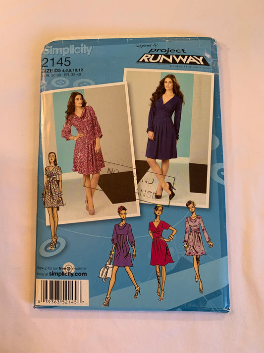 Simplicity Project Runway Sewing Pattern 2145 Misses' Dress, Long/Short Sleeves, Zipper Back, Bodice, Size 4-20, Uncut, 2011