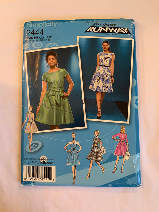 Simplicity Project Runway Sewing Pattern 2444 Misses' Dress, Collar, Long/Short Sleeves, Sleeveless, Zipper Back, Gathered Waist, Full Skirt, Size 4-12, Uncut, 2010