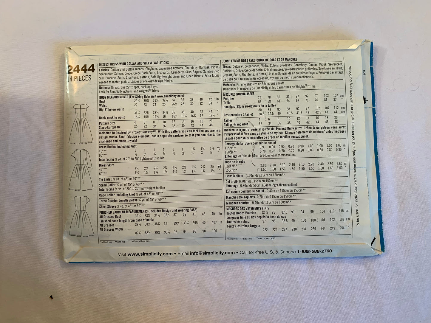 Simplicity Project Runway Sewing Pattern 2444 Misses' Dress, Collar, Long/Short Sleeves, Sleeveless, Zipper Back, Gathered Waist, Full Skirt, Size 4-12, Uncut, 2010