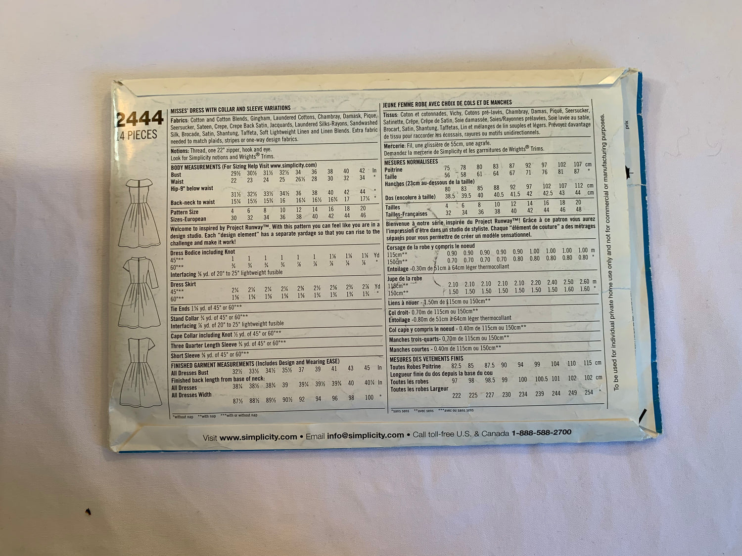 Simplicity Project Runway Sewing Pattern 2444 Misses' Dress, Collar, Long/Short Sleeves, Sleeveless, Zipper Back, Gathered Waist, Full Skirt, Size 4-12, Uncut, 2010