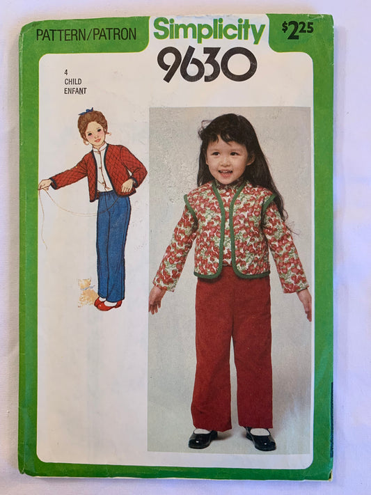 Simplicity Sewing Pattern 9630 Girls' Pants, Shirt, Unlined Quilted Jacket or Vest, Elastic Waist, Button Front, Long Sleeves, Sleeveless, Dropped Shoulders, Size 4, Uncut, Vintage 1980