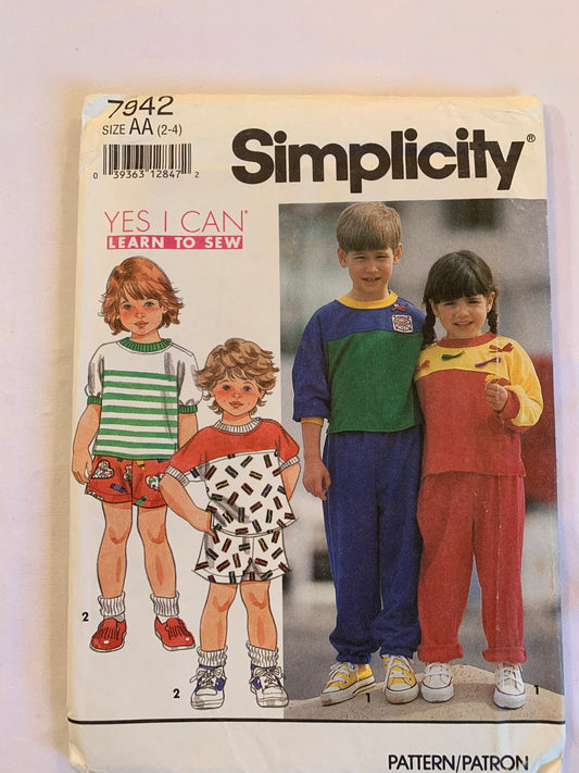 Simplicity Sewing Pattern 7942 Girls'/Boys' Pull-On Pants/Shorts, Top, Elastic Waistband, Pockets, Size 2-4, Uncut, Vintage 1992