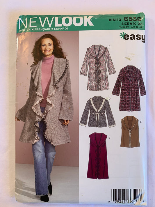 Simplicity New Look Sewing Pattern 6538 Misses' Coat, Jacket, Vest, Two Lengths, Long Sleeves, Sleeveless, 5 Variations, Size 10-22, Uncut, 2005