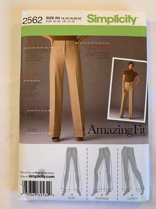 Simplicity Sewing Pattern 2562 Misses'/Miss Petite Wide Leg Pants, Curvy Fit, Pockets, Zipper Fly,  Size 14-22, Uncut, 2009