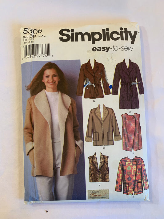 Simplicity  Sewing Pattern 5306 Misses' Coat, Jacket, Vest, Two Lengths, Tie Belt, Long Sleeves, Sleeveless, 6 Variations, Size 18-24, Uncut, 2009