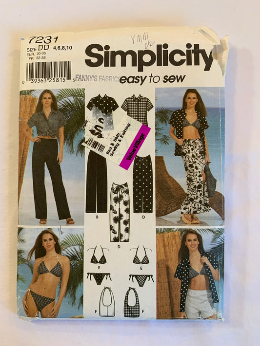 Simplicity Sewing Pattern 7231 Misses Shirt, Pants, Shorts, Sarong Skirt, Two Piece Bathing Suit, Bag, Size 4-10, Uncut, Vintage 1999