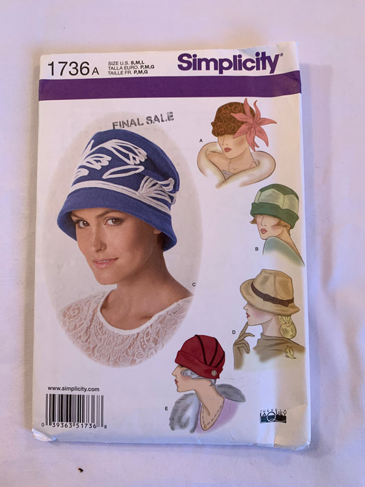 Simplicity Sewing Pattern 1736 Misses'/Teens Hats, Sizes S(21"), M (22"), L (23"), 5 Variations, Uncut, 2012
