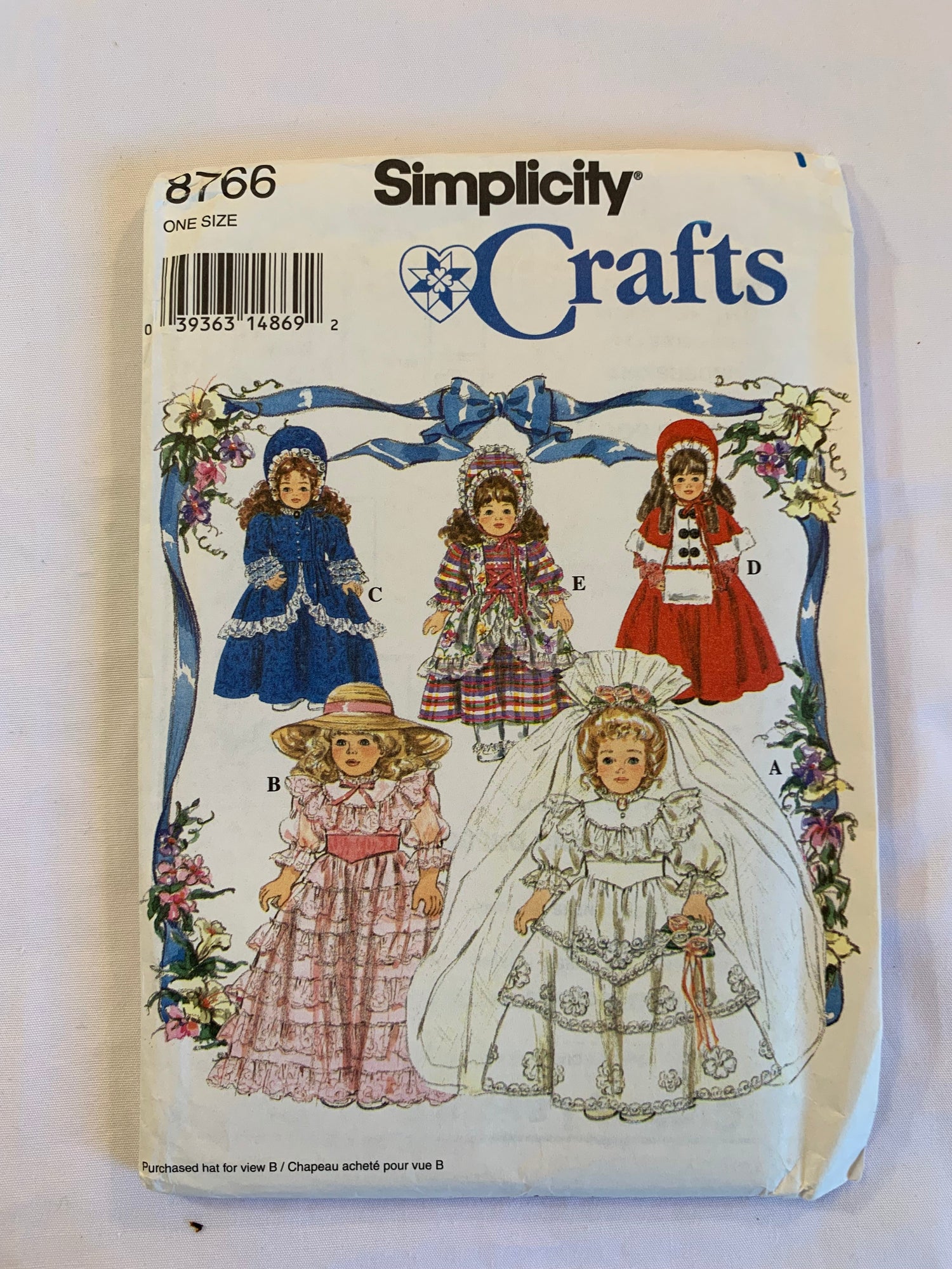 Simplicity Sewing Pattern 8766 Crafts, Doll Clothes 16" & 18" Collector Dolls, Wedding Dress, Overskirt, Hat, 5 Variations, Southern Belle, Victorian, Bo Peep, Uncut, Vintage 1993