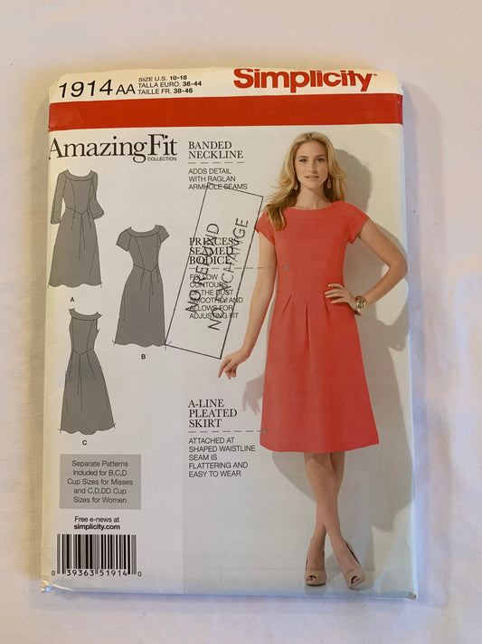 Simplicity Sewing Pattern 1914 Misses' Dress, Curvy, Average, Slim, Long/Short Sleeves, Sleeveless, Pleats, Size 10-18, Uncut, 2012