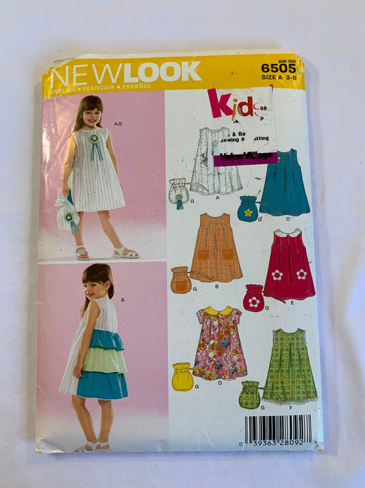 Simplicity New Look Sewing Pattern 6505 Girls' Dress, Purse, Short Sleeves, Sleeveless, Zipper Back, Tie End, Collar, Knee Length, Size 3-8, Uncut, 2006