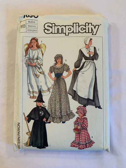 Simplicity Sewing Pattern 7650 Misses'/Girls' Costumes, Witch, Angel, Pioneer, Quaker, Dress, Cap, Apron, Tie Belt, Cape, Hat, Size 14-16, Uncut, Vintage 1986
