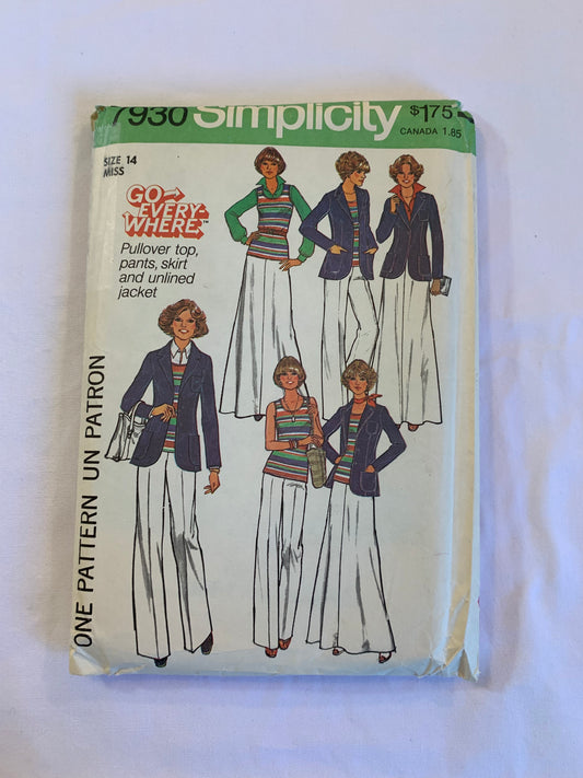 Simplicity Sewing Pattern 7930 Misses' Skirt, Pants, Unlined Jacket, Pullover Top, Zipper Back, Button Front, Pockets, Size 14, Uncut, Vintage 1977