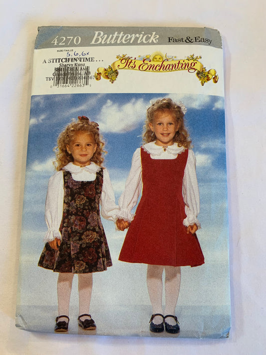 Butterick Sewing Pattern 4270 Girls' Dress, Jumper, Fitted, Slightly Flared, Ti Ends, Zippr Back, Button Front, Long Sleeves, Sleeveless, Size 5-6X, Uncut, Vintage 1995