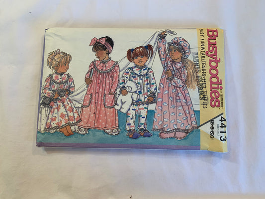 Butterick Busybodies Sewing Pattern 4413 Girls' Pajamas, Top, Pants, Pull-On, Button Front, Long Sleeves, Robe, Housecoat, Hat, Loose-Fitting, Pockets, Size 5-6x, Uncut, Vintage 1989