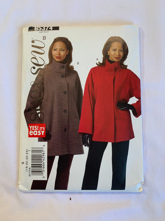 Butterick Sewing Pattern B5374 Misses' Unlined Jacket, Coats, Loose-Fitting, Collar, Long Sleeves, Two Lengths, Pockets, Button Front, Size 18-24, Uncut, 2009