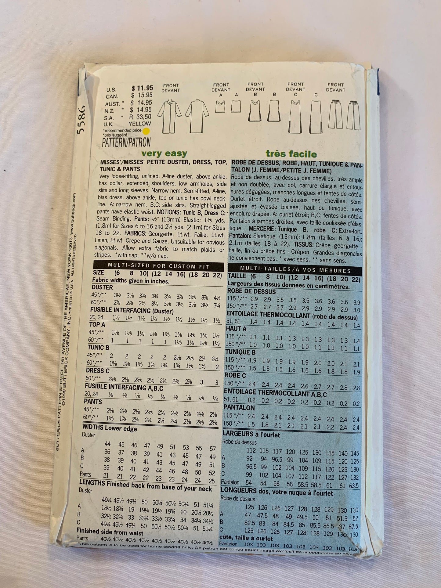 Butterick Sewing Pattern 5586 Misses'/Misses' Petite Duster, Tunic, Top, Dress, Pants, Loose-Fitting, Unlined, Straight, Long Sleeves, Sleeveless, Size 12-16, Uncut, Vintage 1998
