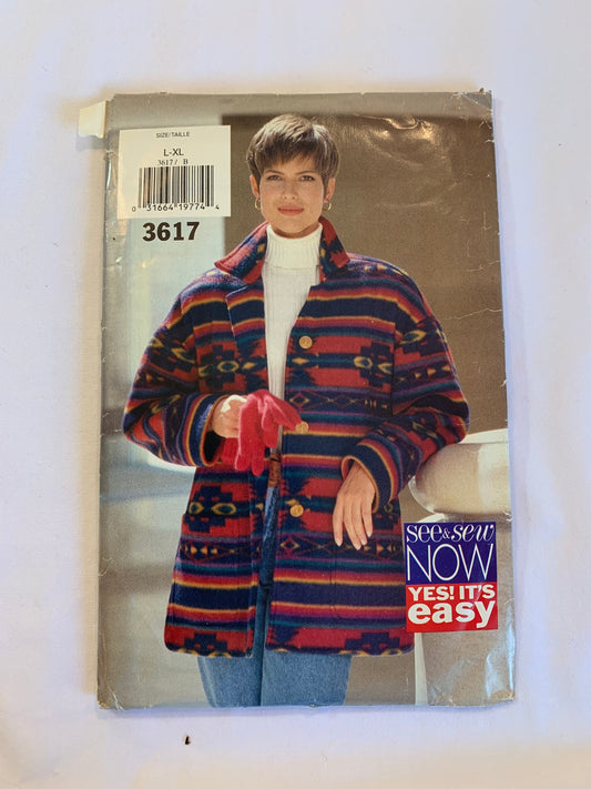 Butterick Sewing Pattern 3617 Misses' Jacket, Coat, Loose-Fitting, Collar, Long Sleeves, Pockets, Dropped Shoulders, Size 16-22, Uncut, Vintage 1994