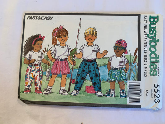 Butterick Busybodies Sewing Pattern 5523 Children's Top, Shorts, Pants, Wrap Waist, Loose-Fitting, Pullover, Pockets, Shorts, Pockets, Size 2-4, Uncut, Vintage 1991