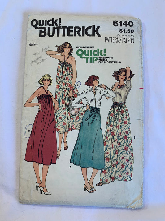 Butterick Sewing Pattern 6140 Misses' Dress, Skirt, Back Wrap, Two Lengths, Ties, Full Skirt, Sleeveless, Size 12-14, Uncut, Vintage 1986
