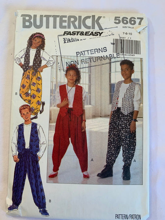 Butterick Sewing Pattern 5667 Girls'/Boys' Vest, Pants, Pullover Top, Fitted, Elastic Waist, Dropped Crotch, Size 7-10, Uncut, Vintage 1991