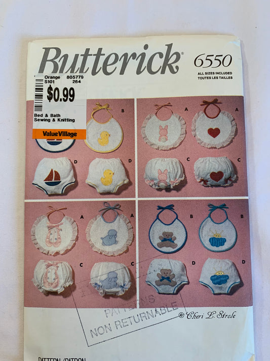Butterick Sewing Pattern 6550 Infants' Bibs, Diaper Covers, 4 Variations, Elastic Waist, Tie Back, Uncut, Vintage 1992
