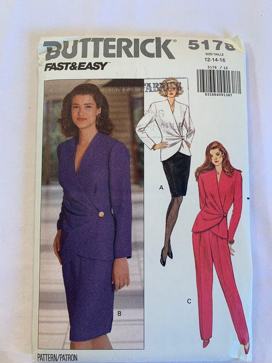 Butterick Sewing Pattern 5178 Misses' Top, Skirt, Pants, Loose-Fitting, Button Front, Shoulder Pads, Inside Ties, Long Sleeves, Size 12-16, Uncut, Vintage 1990