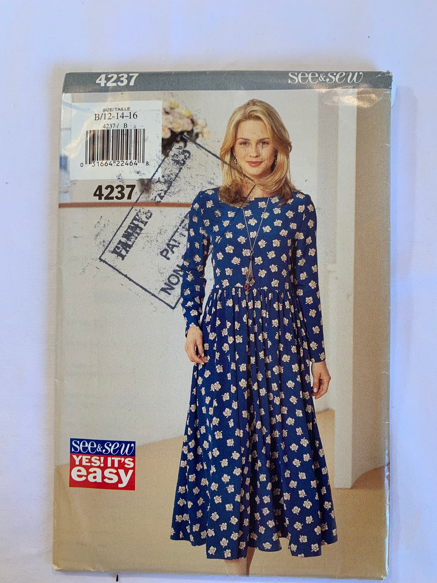 Butterick See & Sew Sewing Pattern 4237 Misses' Dress, Tie Ends, Loose-Fitting, Raised Waist, Flared Skirt, Long Sleeves, Gathered Waist, Size 12-16, Uncut, Vintage 1995