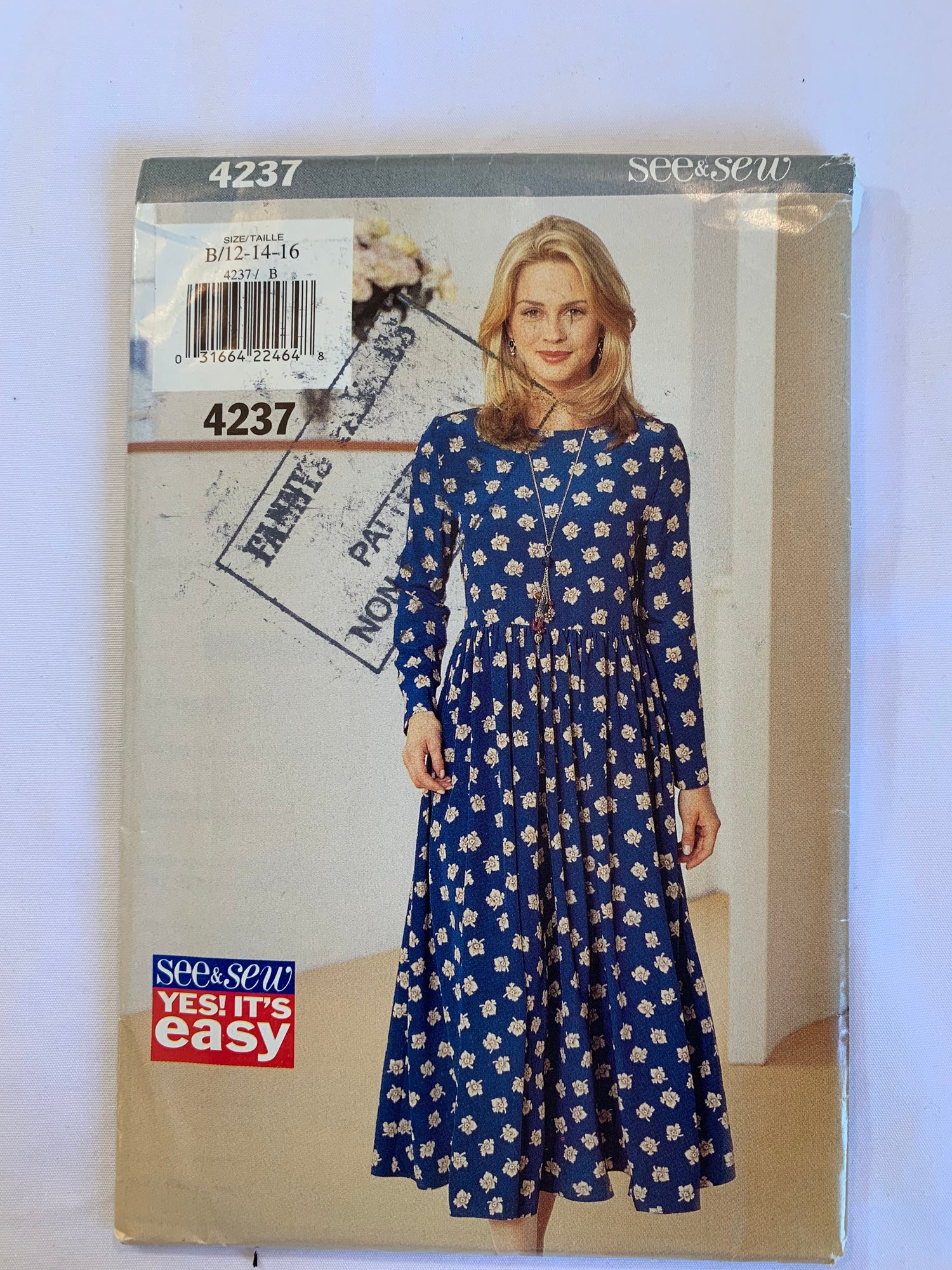Butterick See & Sew Sewing Pattern 4237 Misses' Dress, Tie Ends, Loose-Fitting, Raised Waist, Flared Skirt, Long Sleeves, Gathered Waist, Size 12-16, Uncut, Vintage 1995