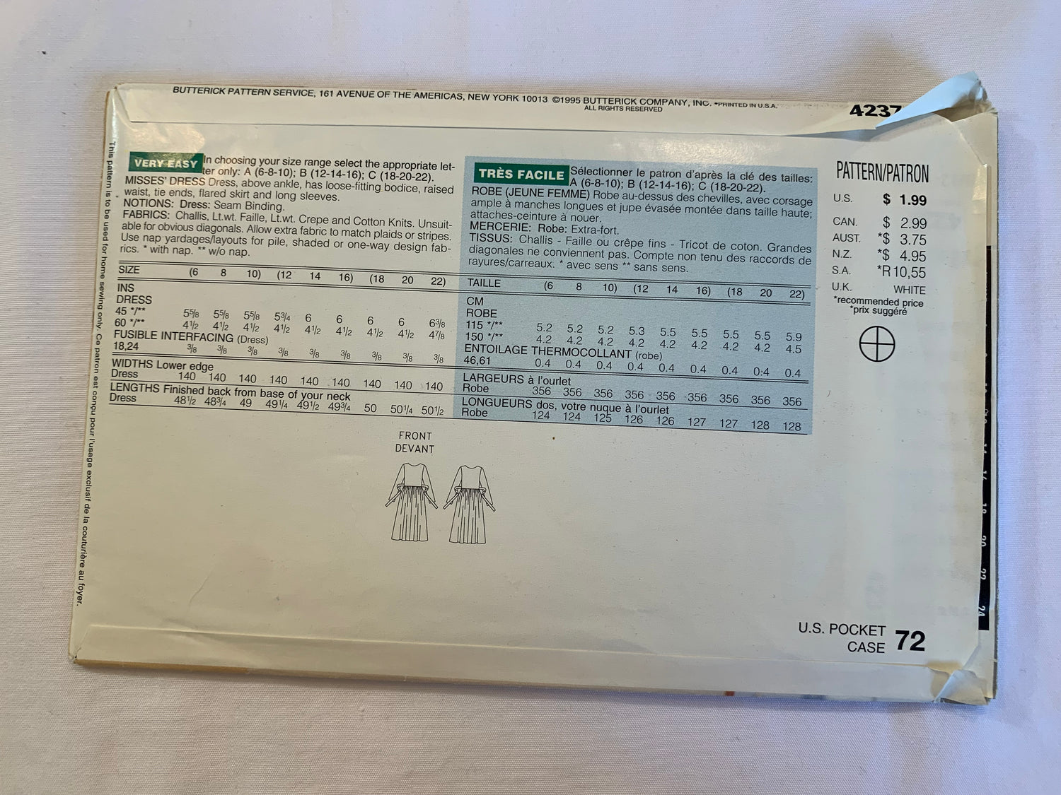 Butterick See & Sew Sewing Pattern 4237 Misses' Dress, Tie Ends, Loose-Fitting, Raised Waist, Flared Skirt, Long Sleeves, Gathered Waist, Size 12-16, Uncut, Vintage 1995