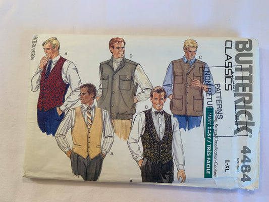 Butterick Sewing Pattern 4484 Men's Vest, Loose-Fitting, Pockets, Back Belt, Shoulder Seams, Slits, Size 42-48, Uncut, Vintage 1989