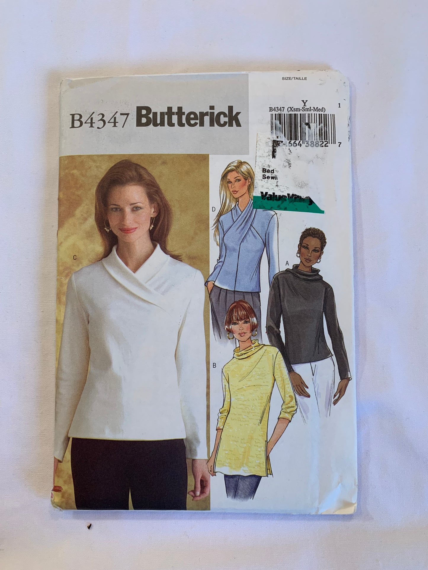 Butterick Sewing Pattern B4347 Misses'/Misses' Petite Tops, Close-Fitting, Long Sleeves, Shawl Collar, Wrap Front, Zipper Back, 4 Variations, Size 4-14, Uncut, 2004