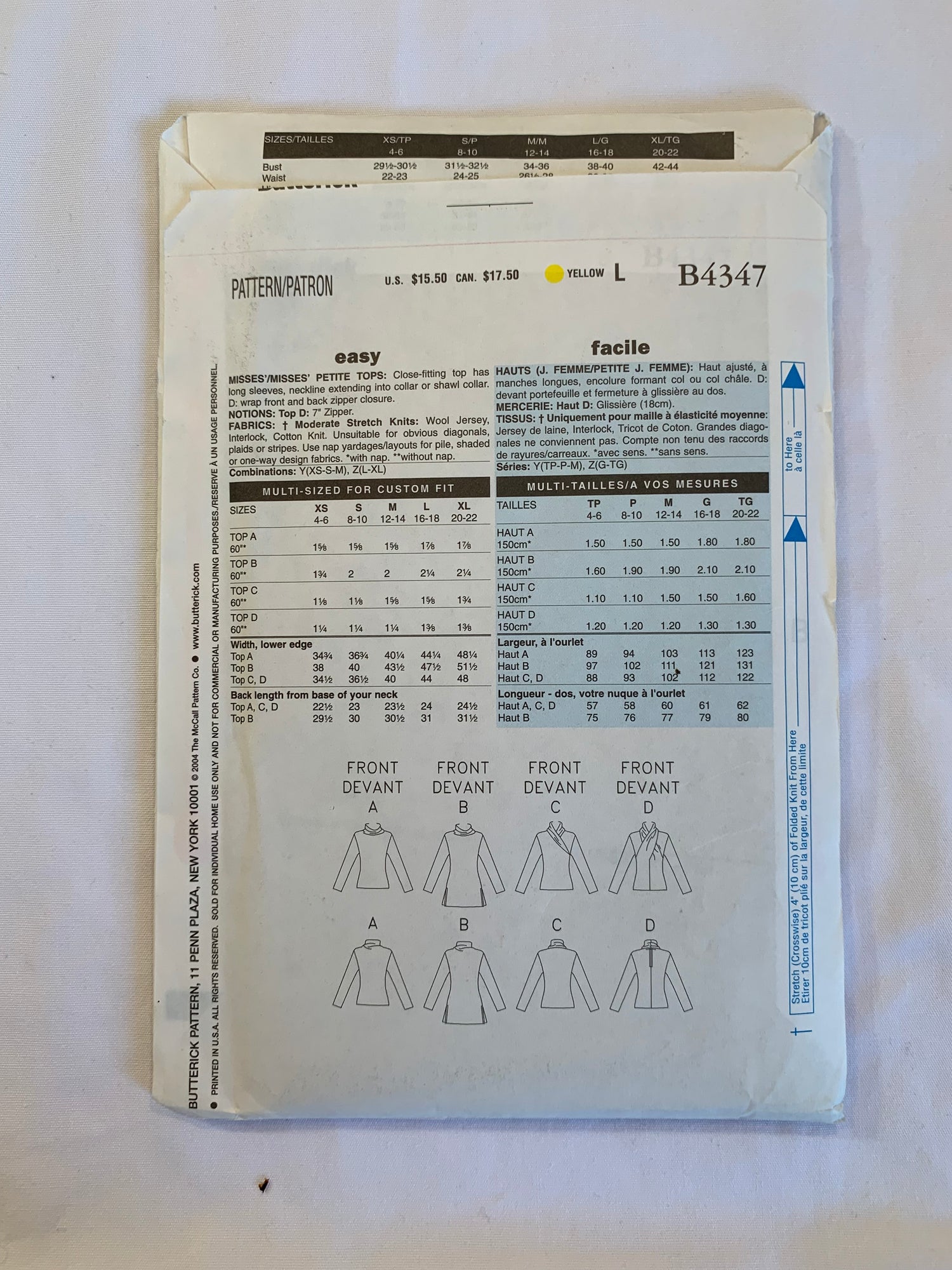 Butterick Sewing Pattern B4347 Misses'/Misses' Petite Tops, Close-Fitting, Long Sleeves, Shawl Collar, Wrap Front, Zipper Back, 4 Variations, Size 4-14, Uncut, 2004