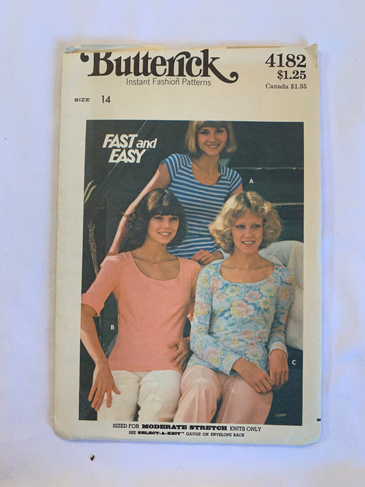 Butterick Sewing Pattern 4182 Misses' T-Shirts, Close-Fitting, U-Neckline, Long/Short Sleeves, Pullover, Stretch Knits Only, Size 14, Uncut, Vintage 1985